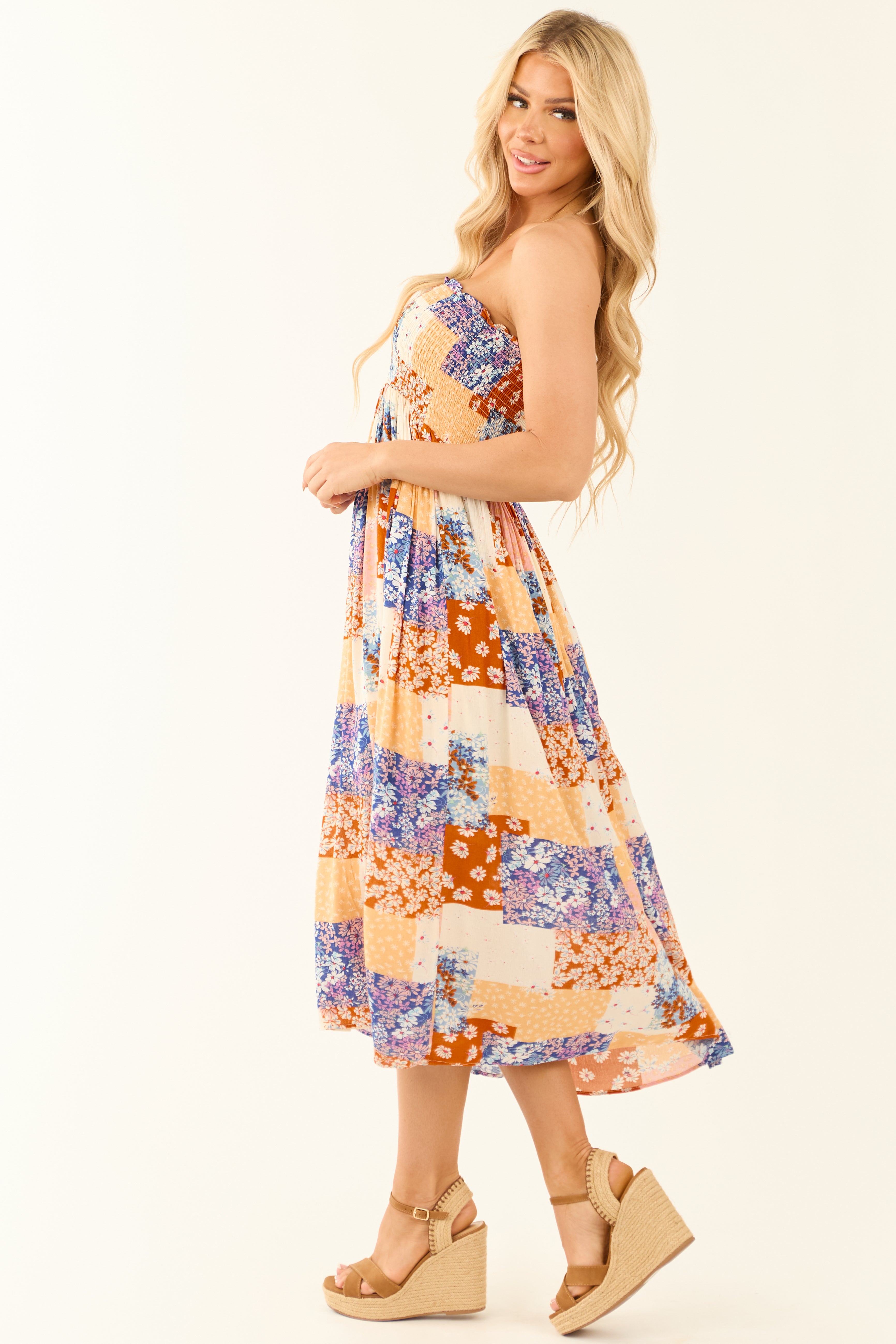 Vanilla Patchwork Floral Print Strapless Midi Dress