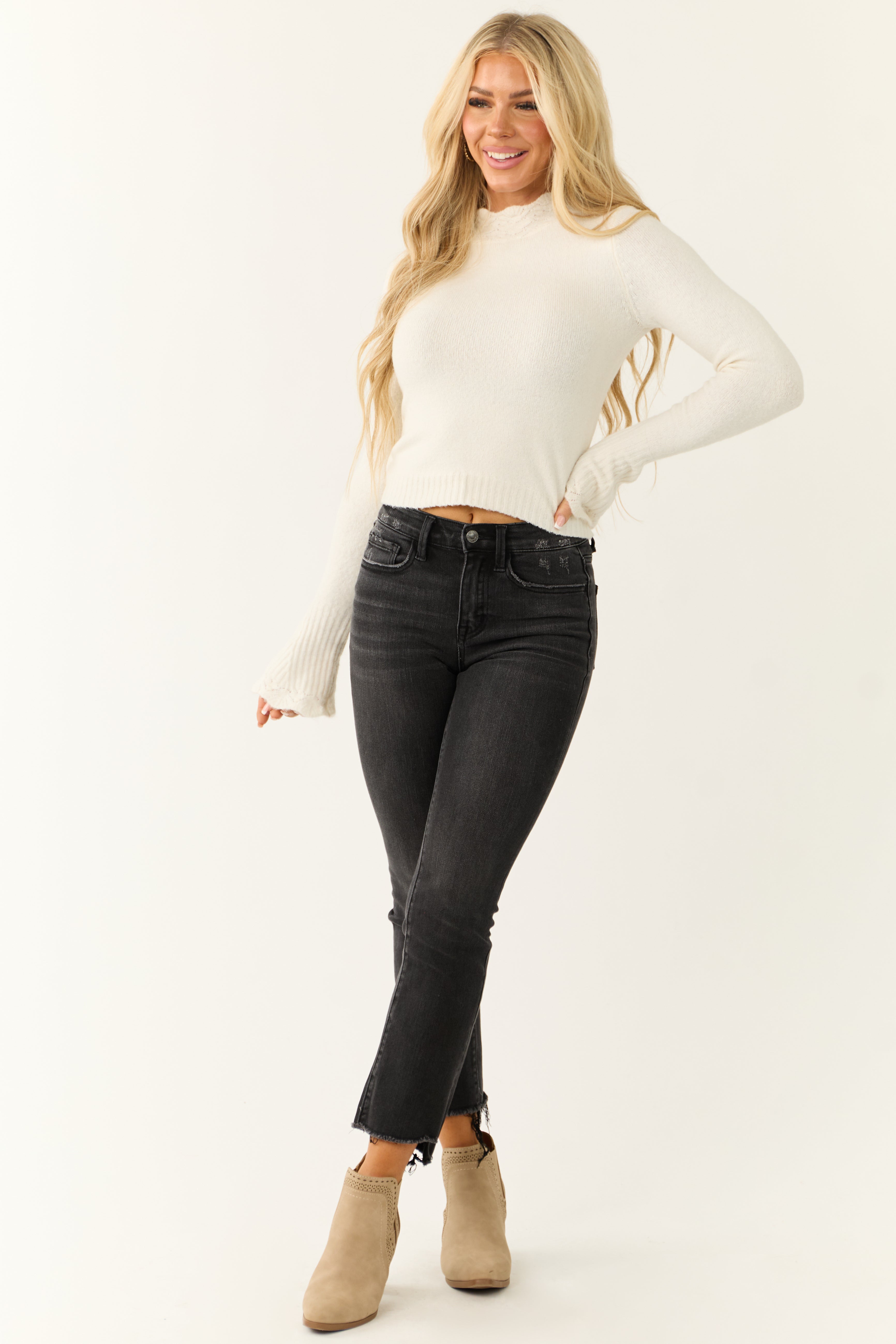 Vanilla Scalloped Mock Neck Long Sleeve Sweater