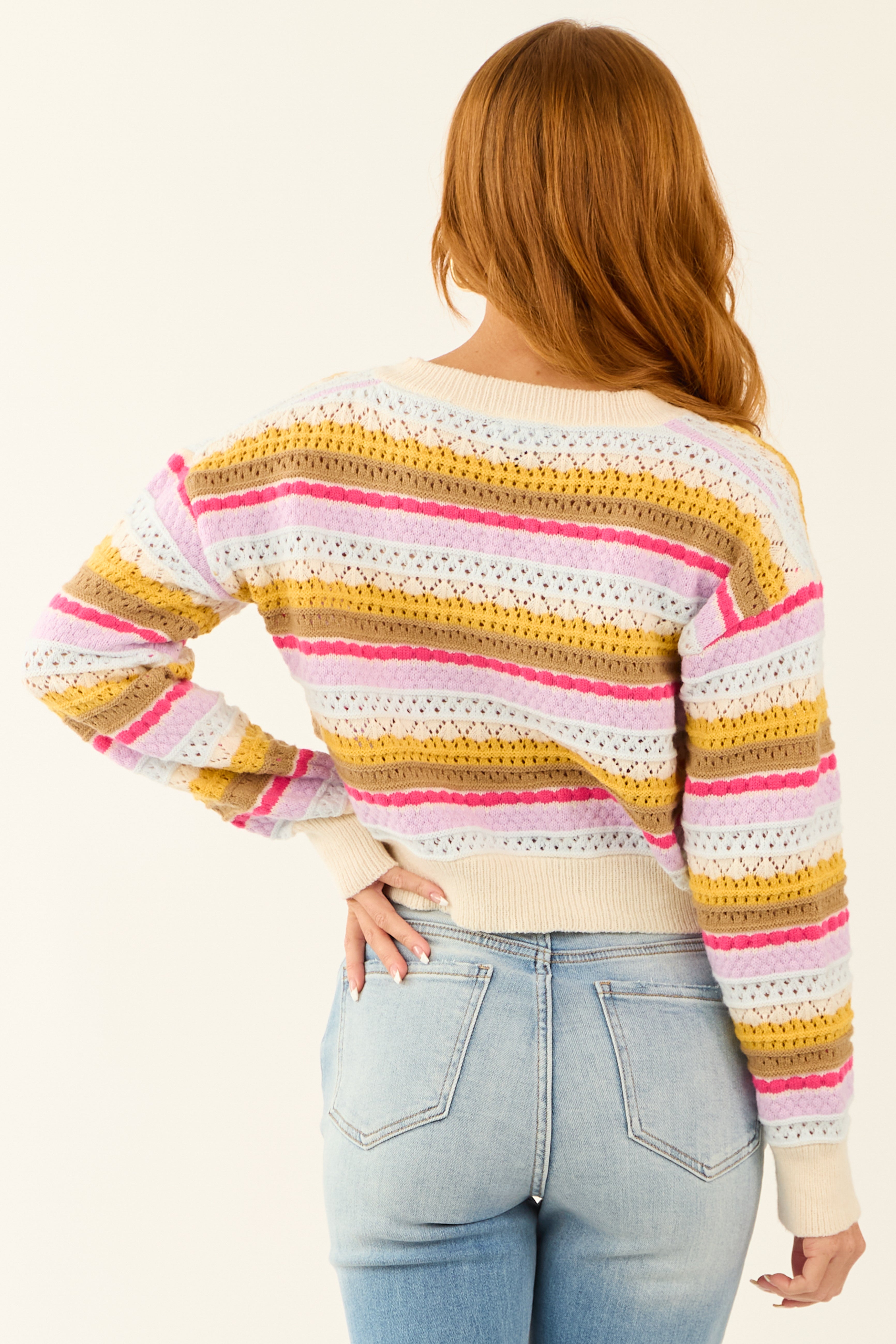 Vanilla Striped Pointelle Knit Cropped Sweater