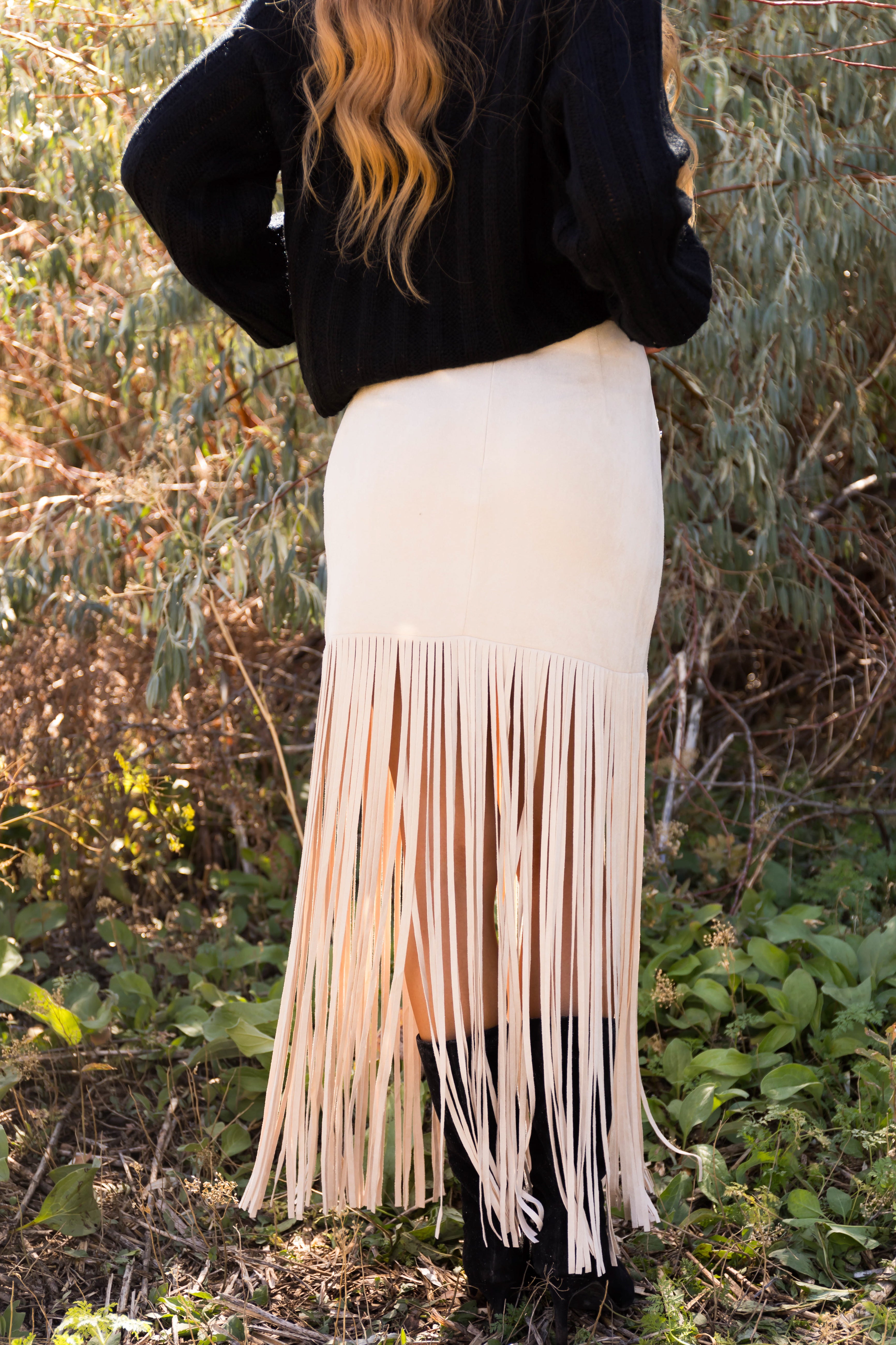 Light brown suede fringe skirt best sale