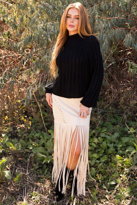 Vanilla Studded Soft Suede Long Fringe Skirt