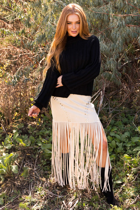 Vanilla Studded Soft Suede Long Fringe Skirt