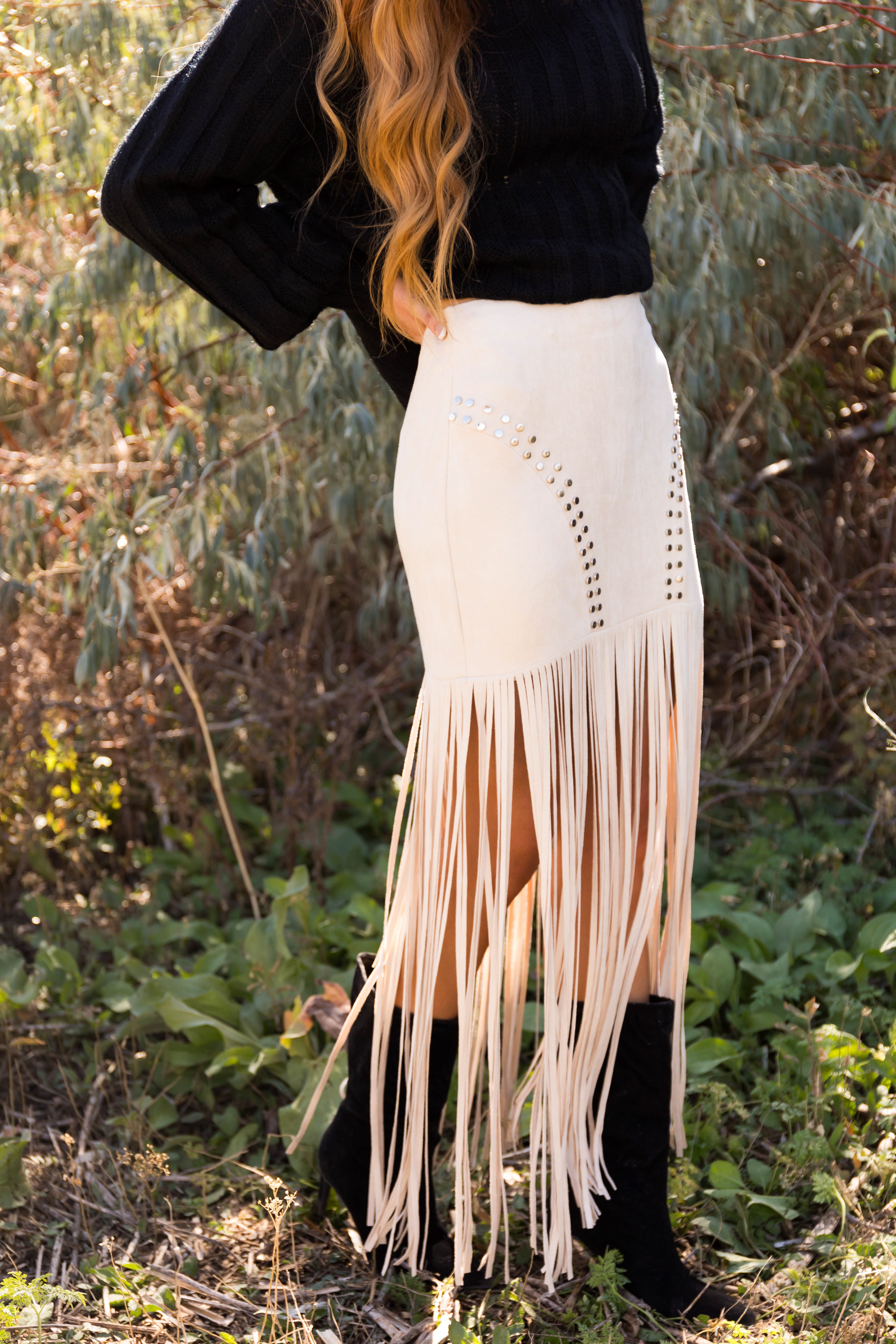 Vanilla Studded Soft Suede Long Fringe Skirt