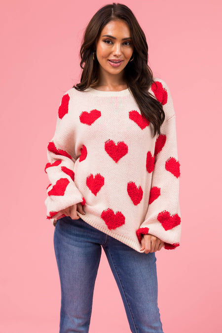 Vanilla Textured Heart Graphic Knit Sweater