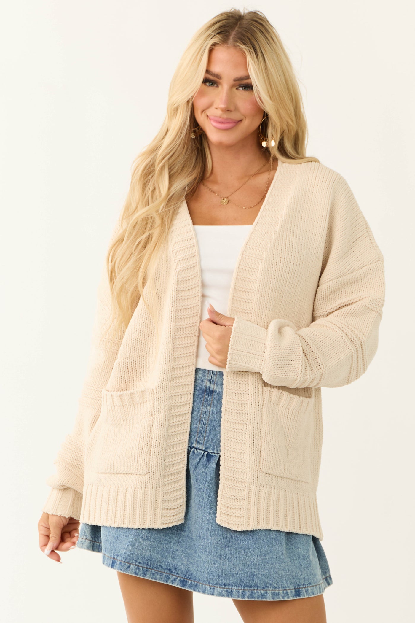 Vanilla Textured Sleeve Open Chenille Cardigan