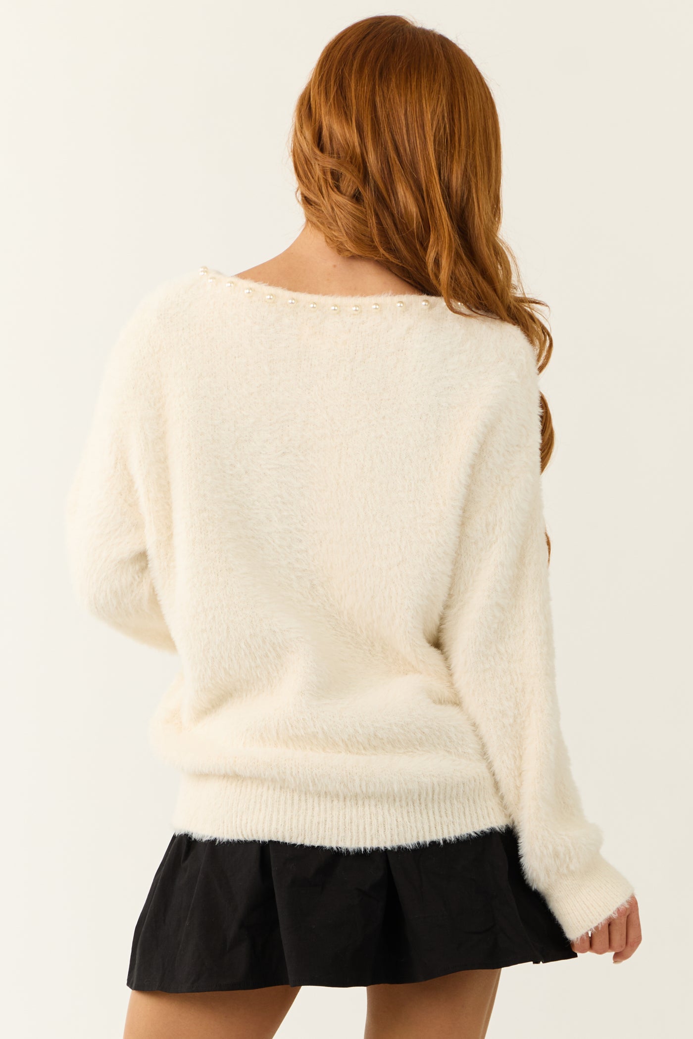 Vanilla V Neck Pearl Trim Detail Fuzzy Knit Sweater