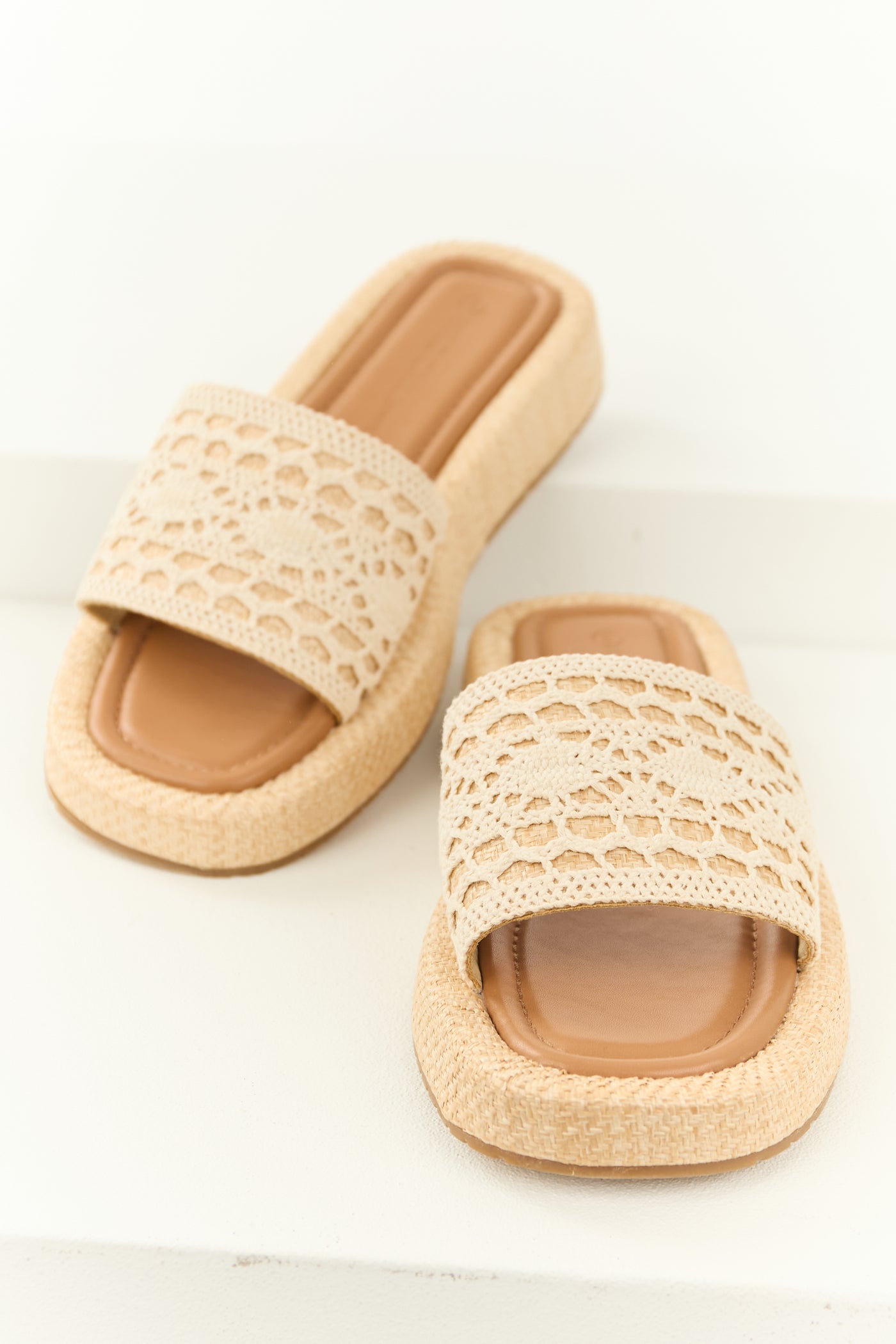 Vanilla Crochet Strap Raffia Platform Slip On Sandals