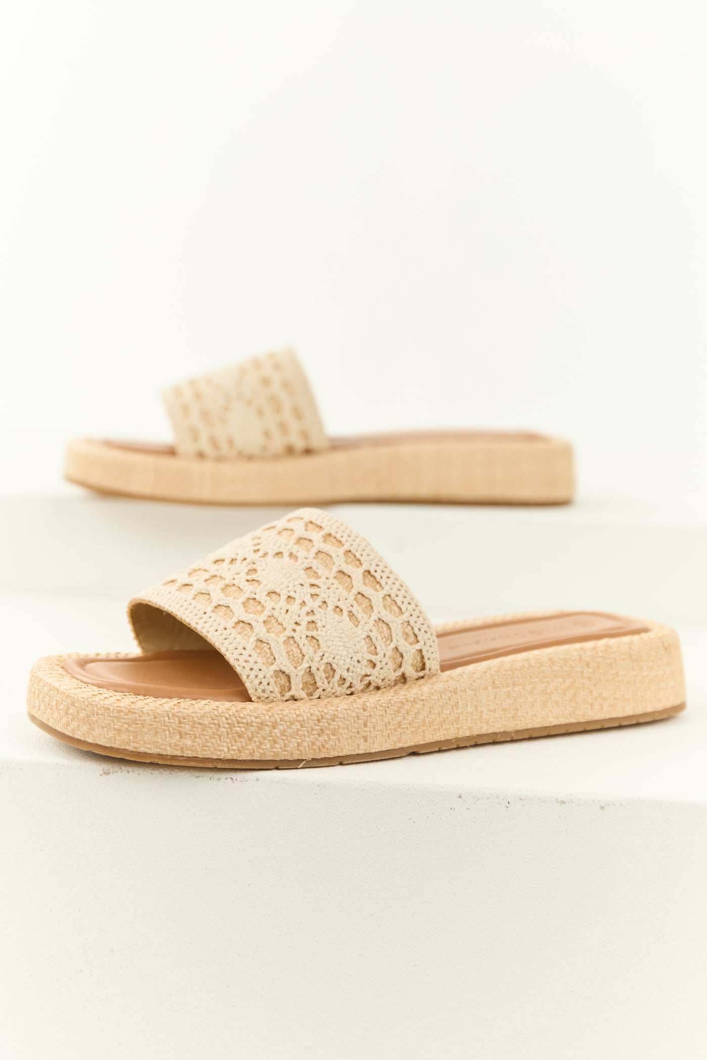 Vanilla Crochet Strap Raffia Platform Slip On Sandals