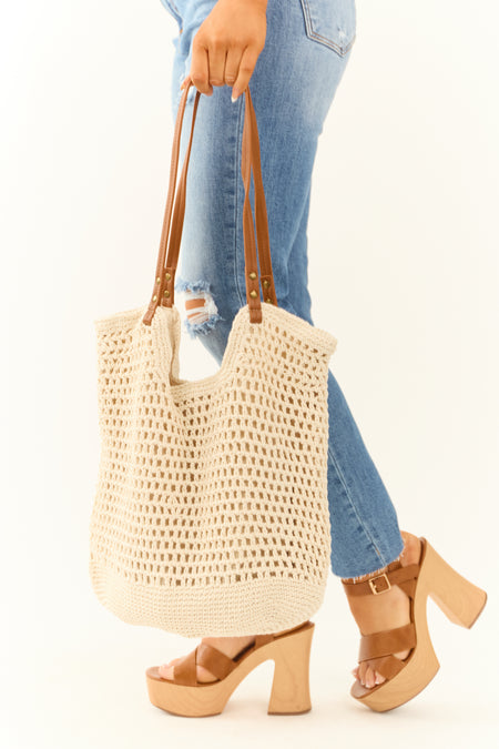 Vanilla Crochet Tote Bag with Faux Leather Handle