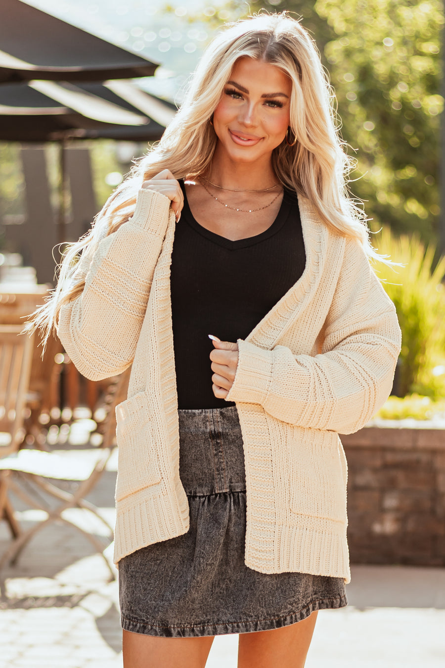 Vanilla Textured Sleeve Open Chenille Cardigan