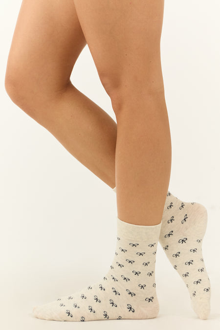 Vanilla and Dove Grey Bow Print Crew Socks