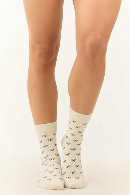 Vanilla and Dove Grey Bow Print Crew Socks