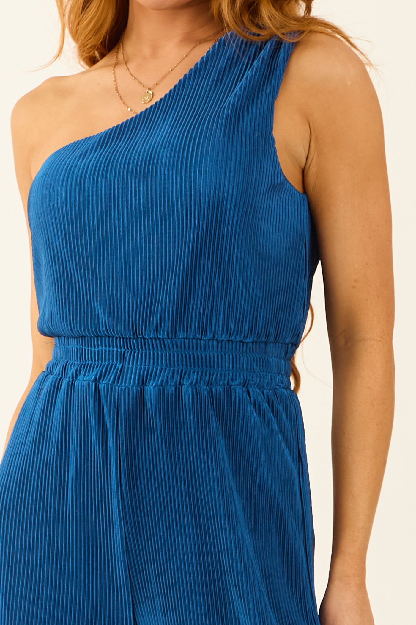 Vera Sapphire Pleated One Shoulder Smocked Waist Jumpsuit