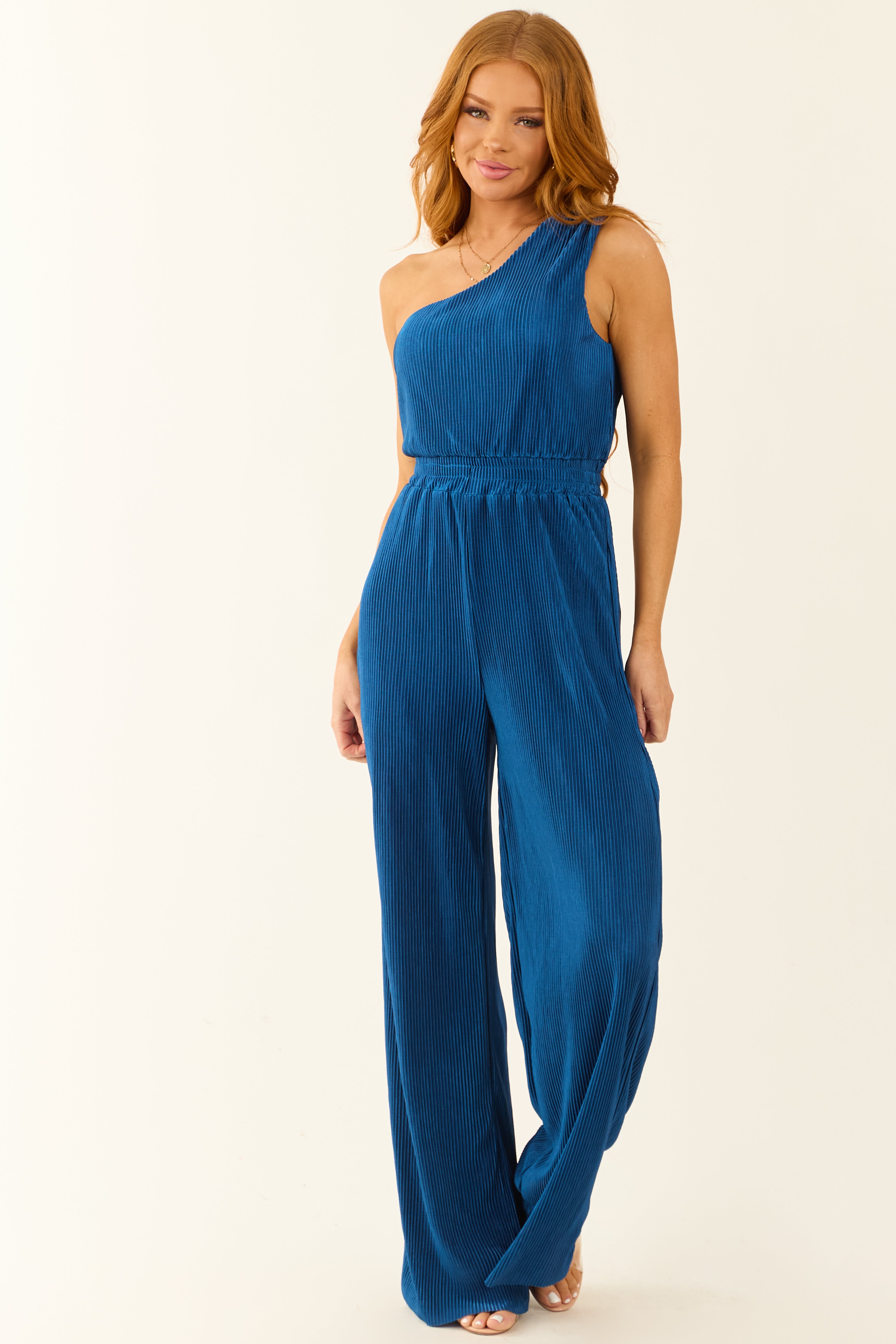 Vera Sapphire Pleated One Shoulder Smocked Waist Jumpsuit