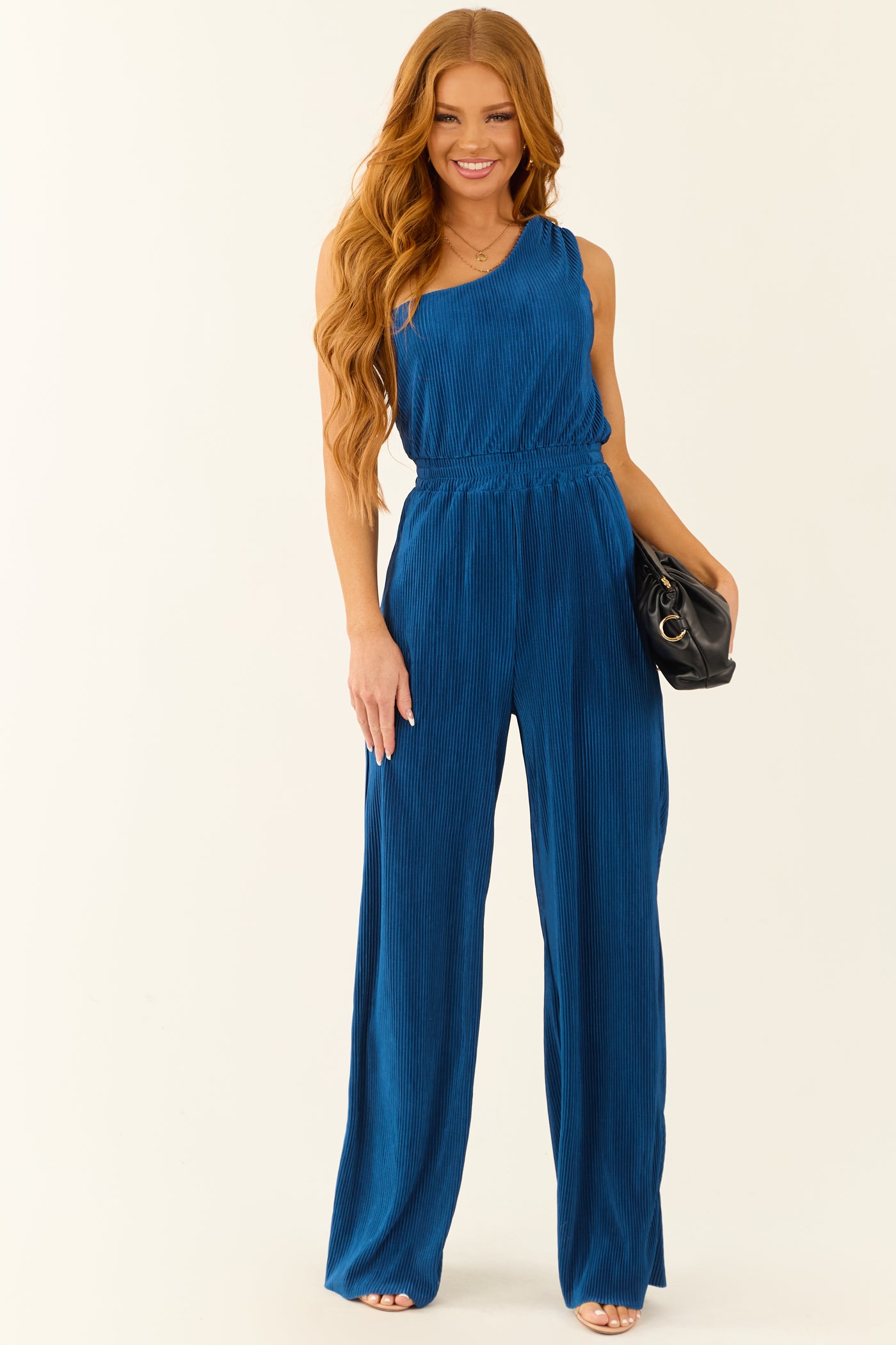 Vera Sapphire Pleated One Shoulder Smocked Waist Jumpsuit