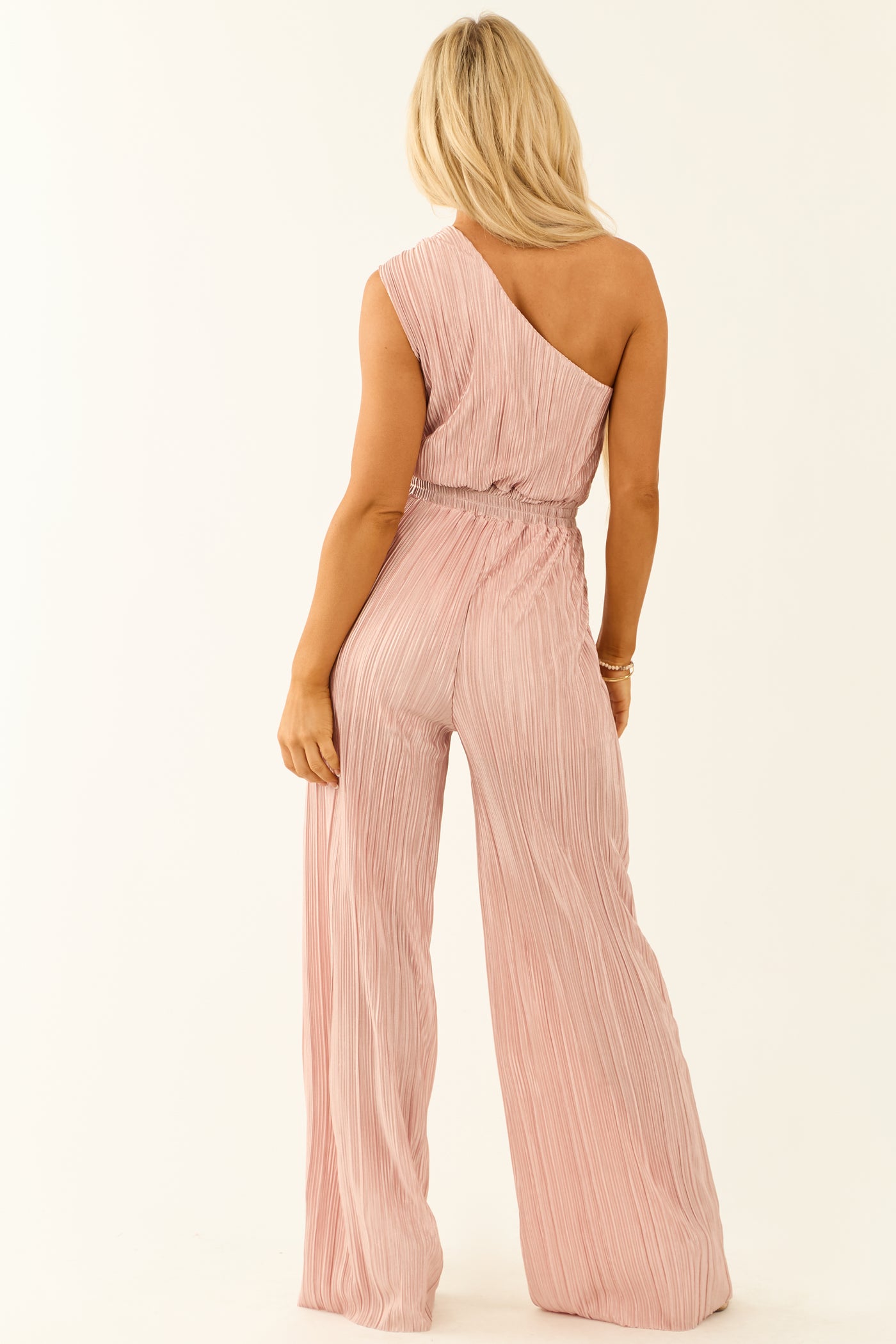 Vera Tea Rose Pleated One Shoulder Smocked Waist Jumpsuit