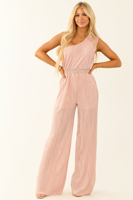 Vera Tea Rose Pleated One Shoulder Smocked Waist Jumpsuit