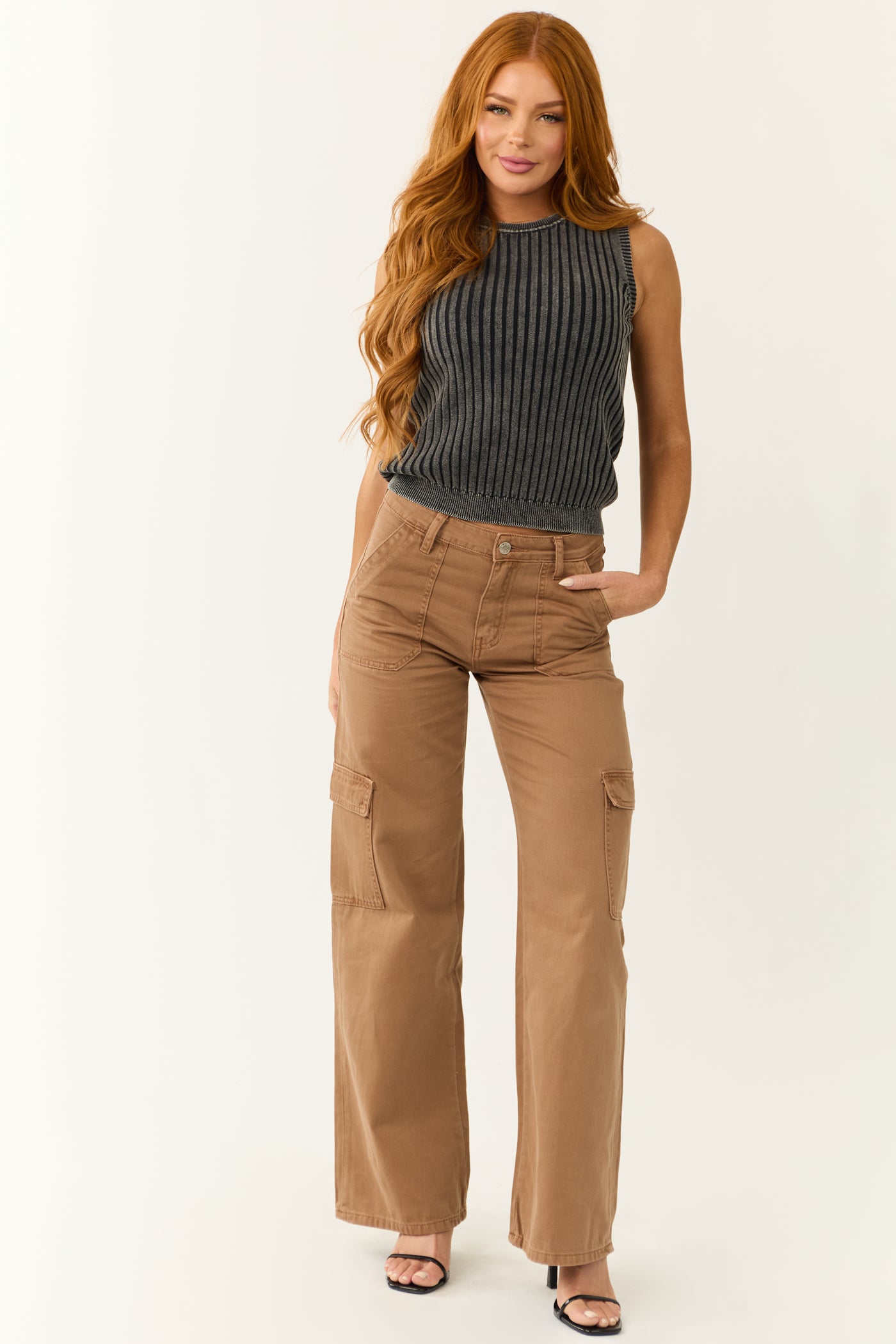 Vervet Coffee High Rise Wide Leg Cargo Jeans