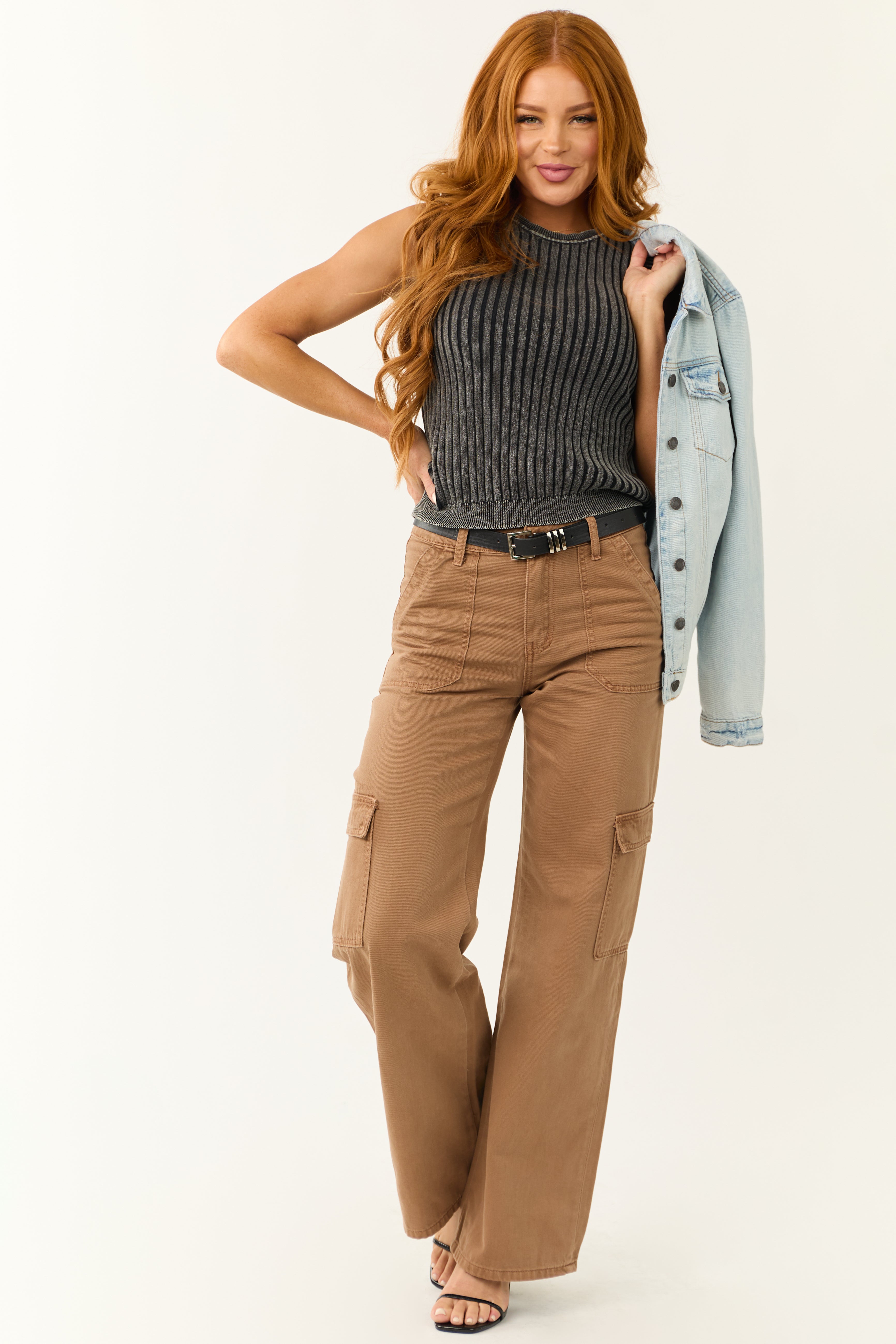 Vervet Coffee High Rise Wide Leg Cargo Jeans