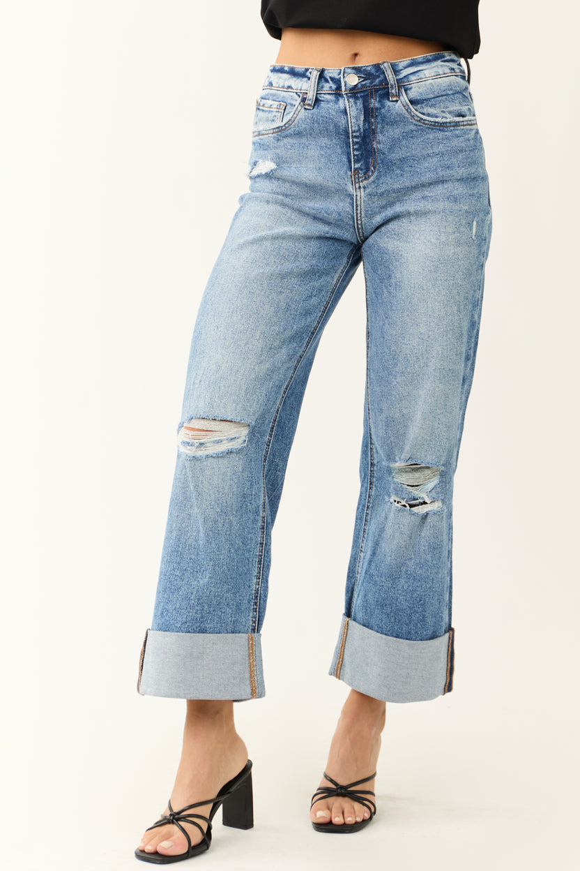 Vervet Medium Wash Cuffed Hem Baggy Wide Leg Jeans