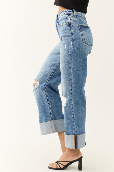 Vervet Medium Wash Cuffed Hem Baggy Wide Leg Jeans