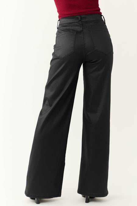 Vibrant Black High Rise Zipper Fly Wide Leg Coated Jeans