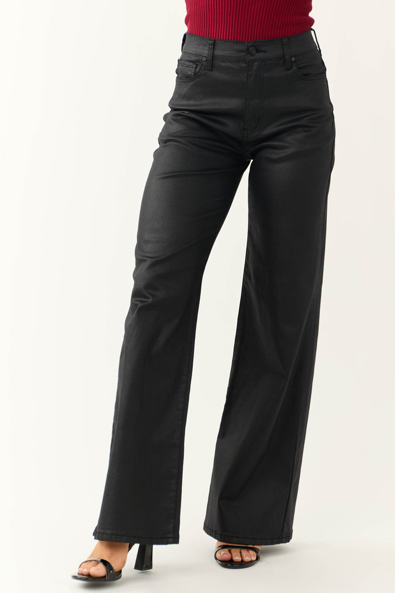 Vibrant Black High Rise Zipper Fly Wide Leg Coated Jeans