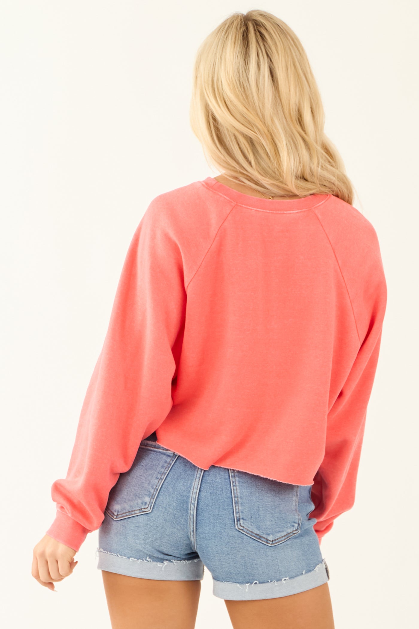 Vibrant Coral Wide Soft Knit Cropped Sweatshirt