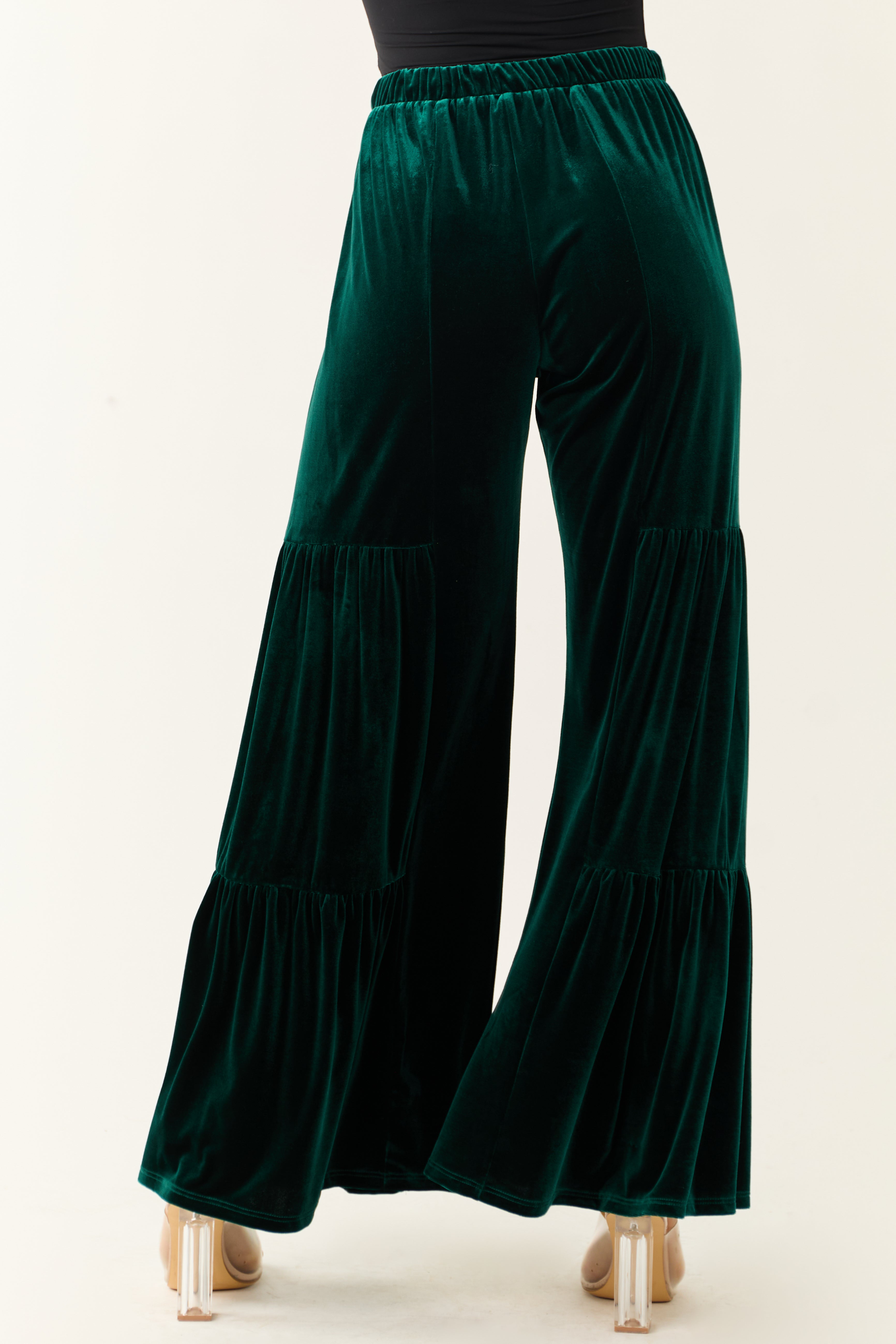 Vibrant Forest Green Velvet Tiered Wide Leg Pants