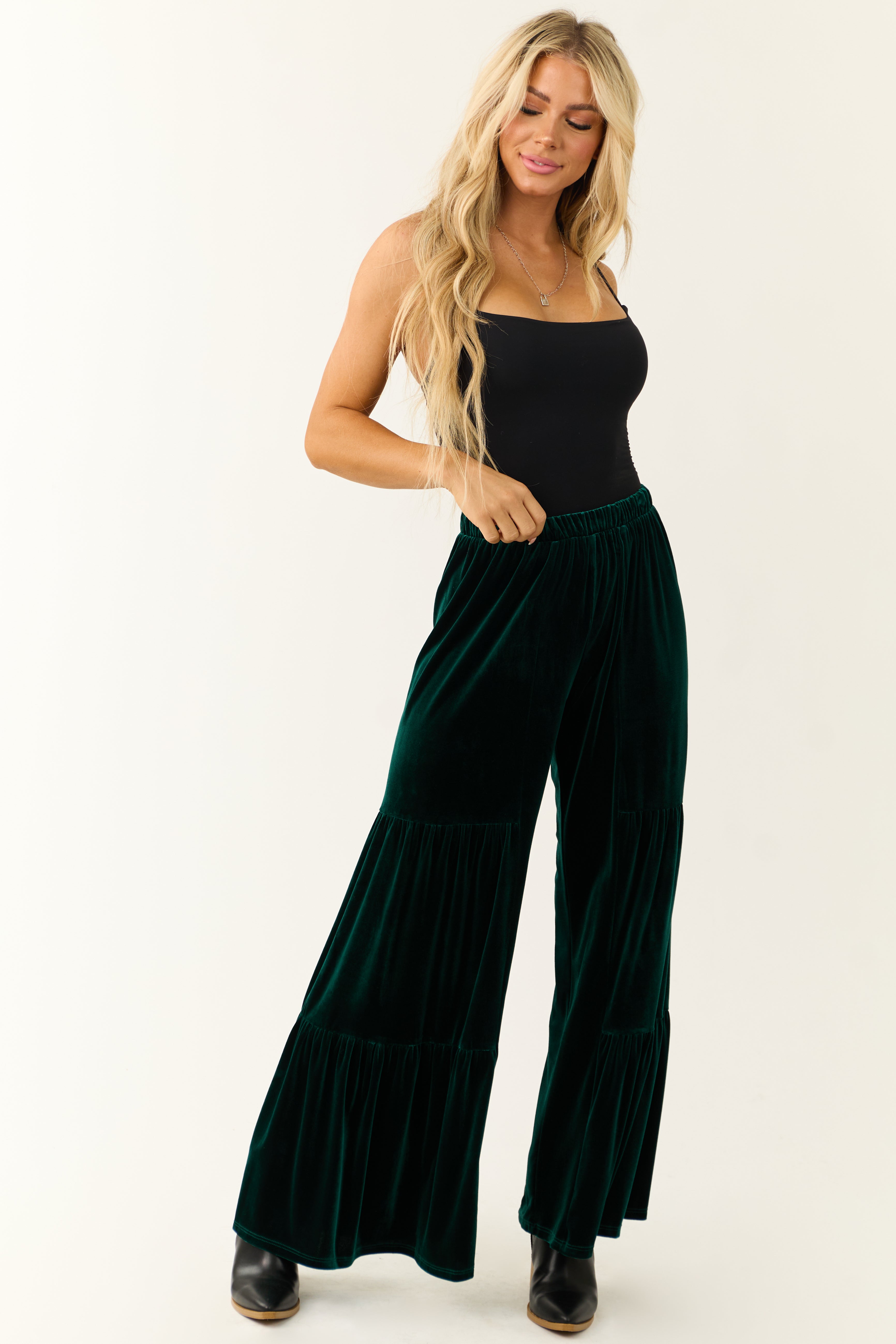 Vibrant Forest Green Velvet Tiered Wide Leg Pants