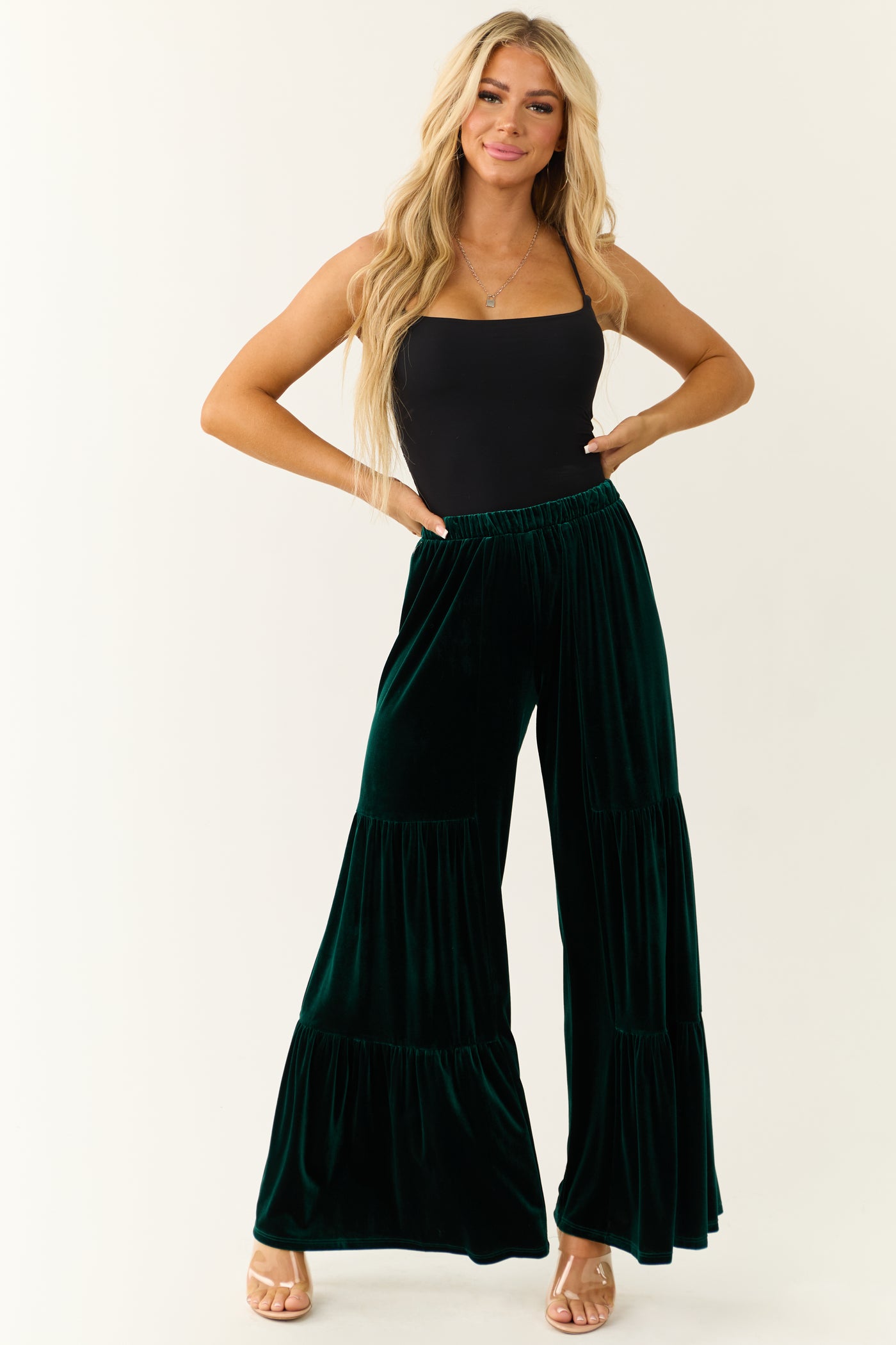 Vibrant Forest Green Velvet Tiered Wide Leg Pants