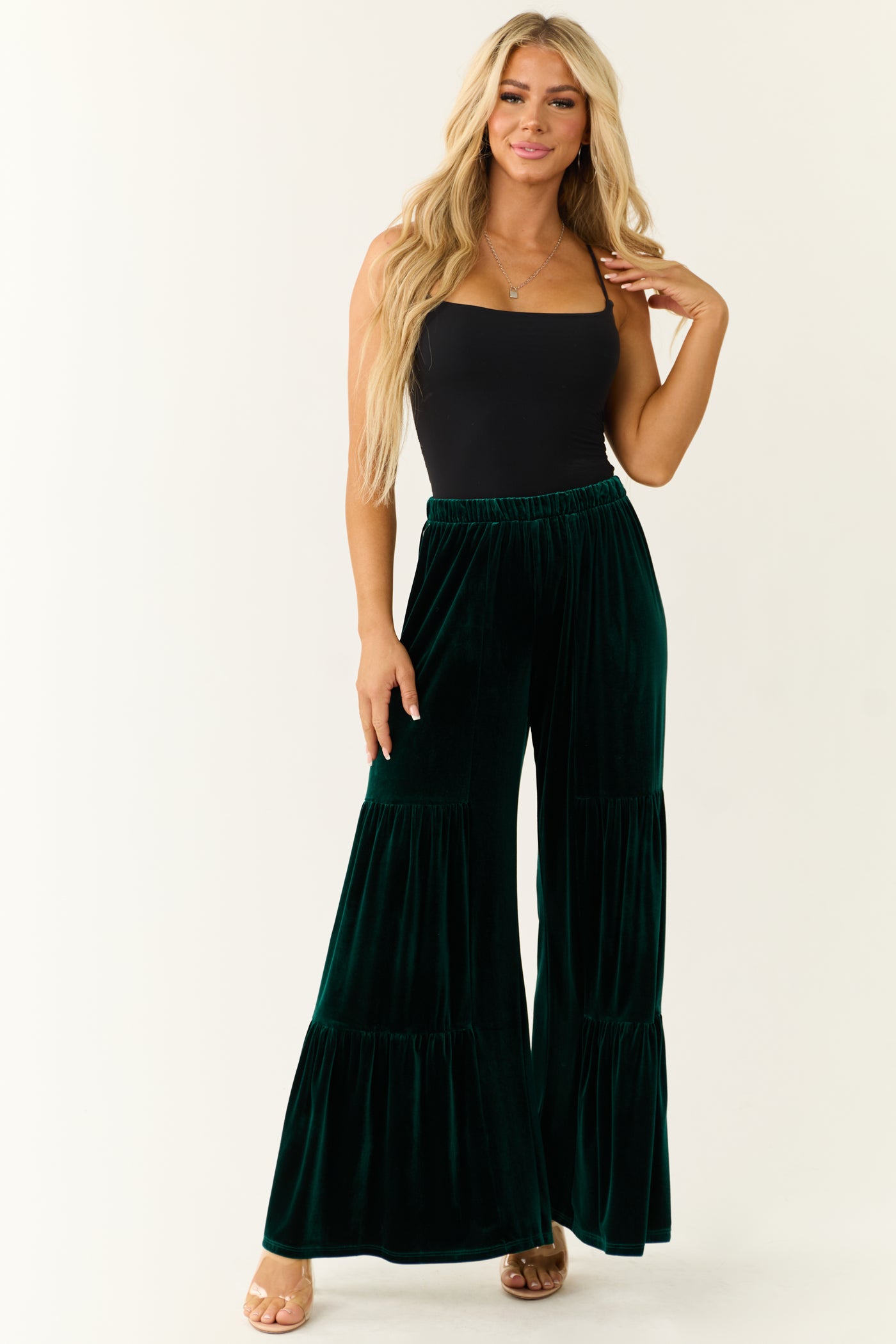 Vibrant Forest Green Velvet Tiered Wide Leg Pants