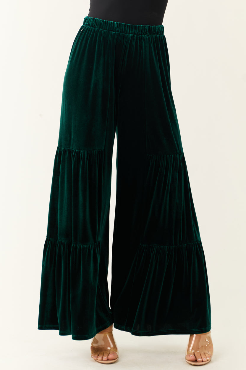 Vibrant Forest Green Velvet Tiered Wide Leg Pants