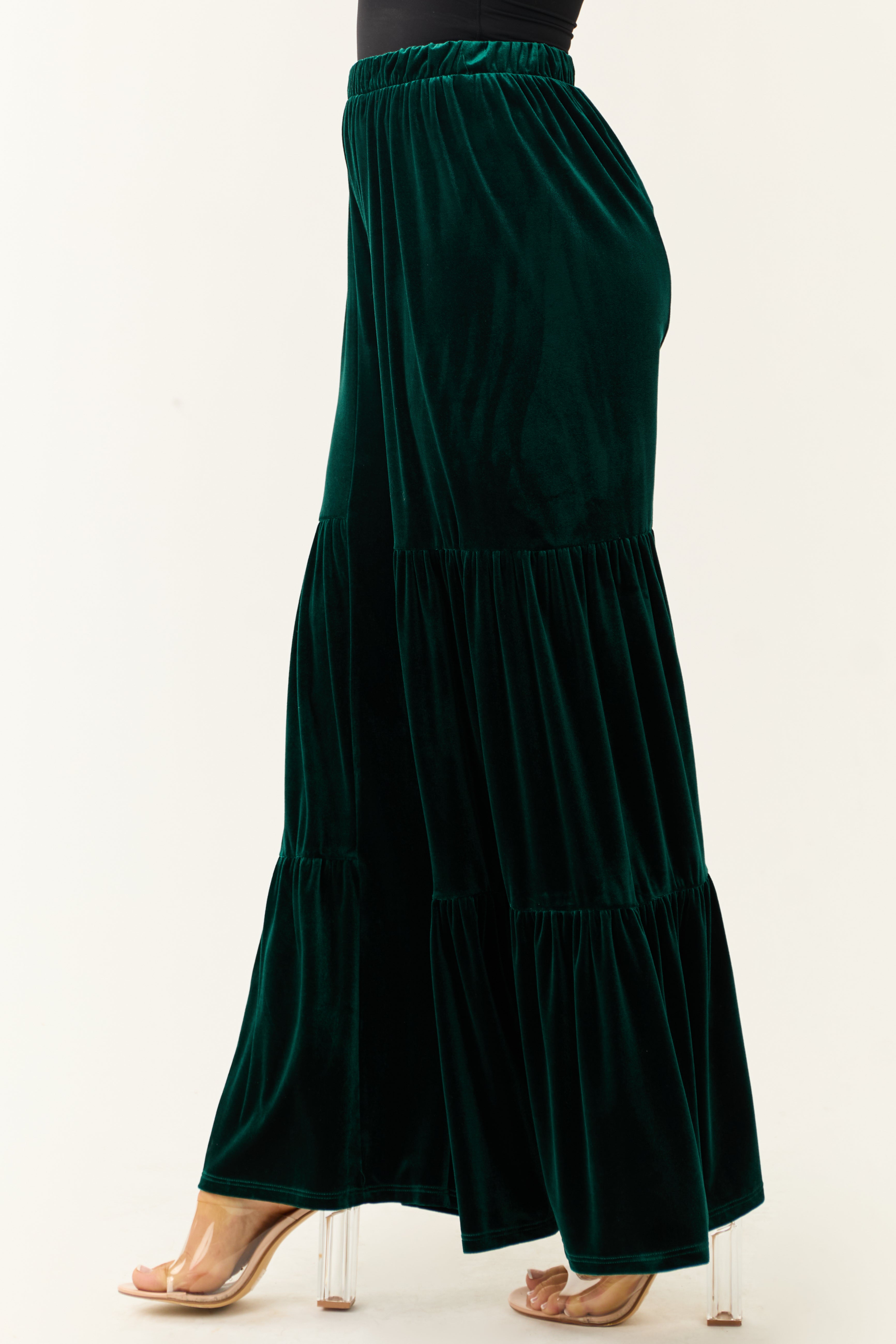 Vibrant Forest Green Velvet Tiered Wide Leg Pants