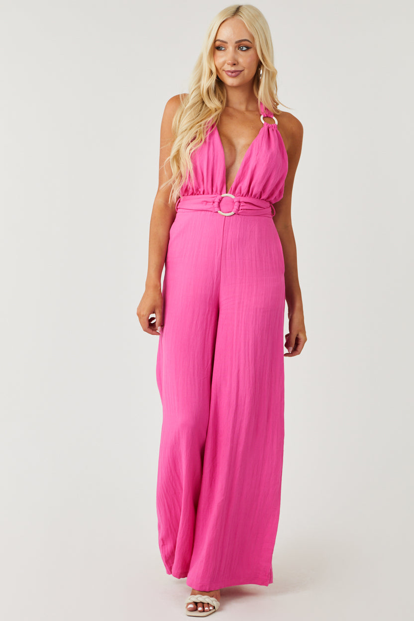 Vibrant Pink Plunging Neck O-Ring Jumpsuit