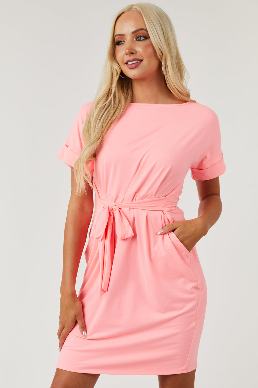 Vibrant Punch Soft Knit Waist Tie Short Dress