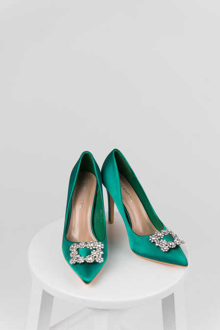 Vibrant Jade Satin Rhinestone Buckle Pointed Toe Heels