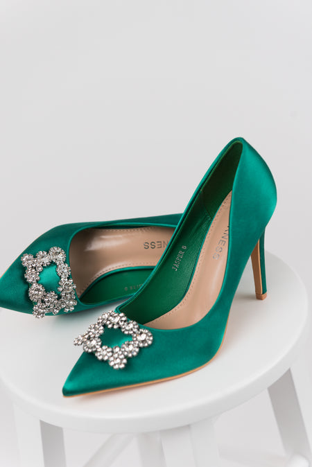 Vibrant Jade Satin Rhinestone Buckle Pointed Toe Heels