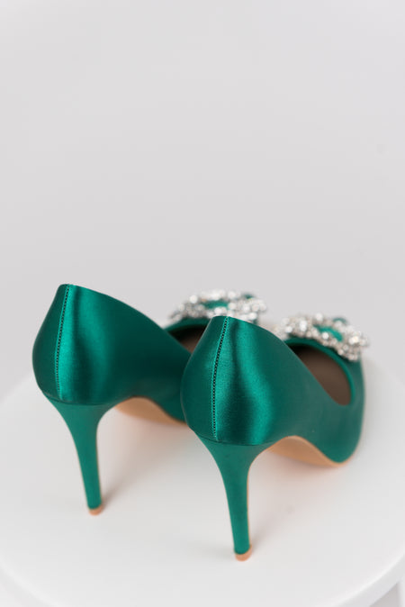 Vibrant Jade Satin Rhinestone Buckle Pointed Toe Heels