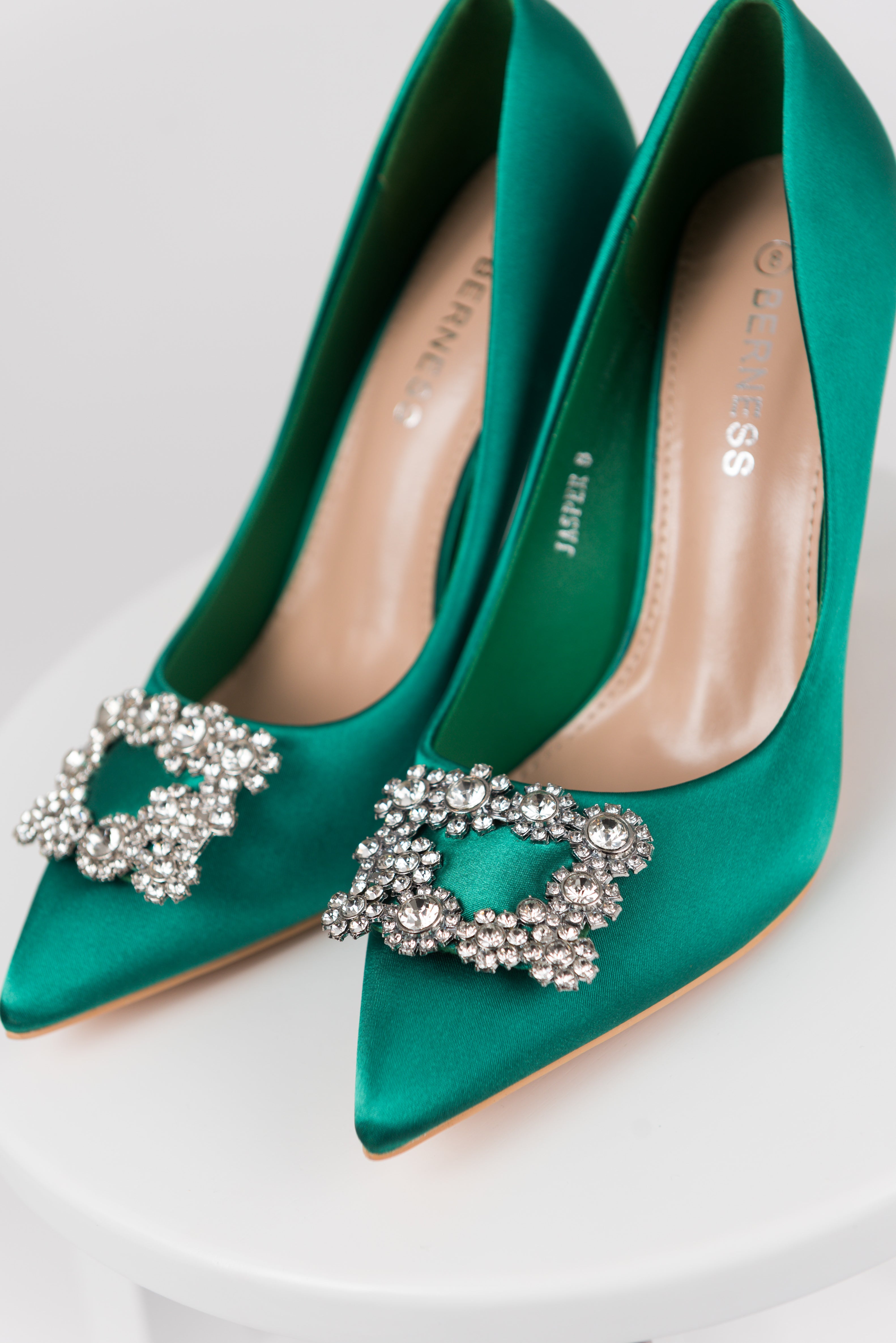 Vibrant Jade Satin Rhinestone Buckle Pointed Toe Heels