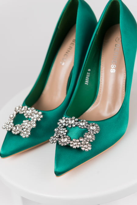 Vibrant Jade Satin Rhinestone Buckle Pointed Toe Heels