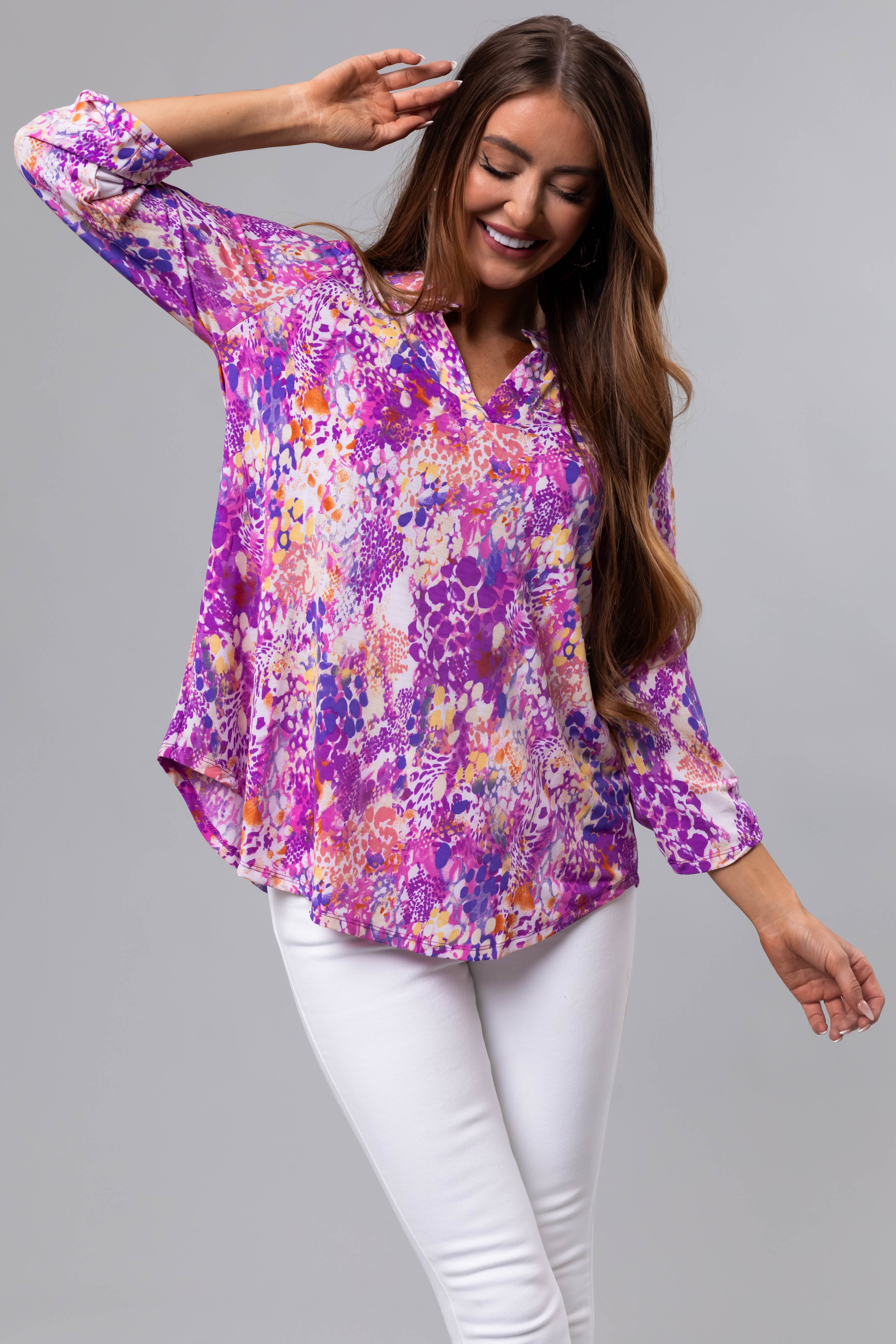 Violet Abstract Print 3/4 Sleeve Blouse