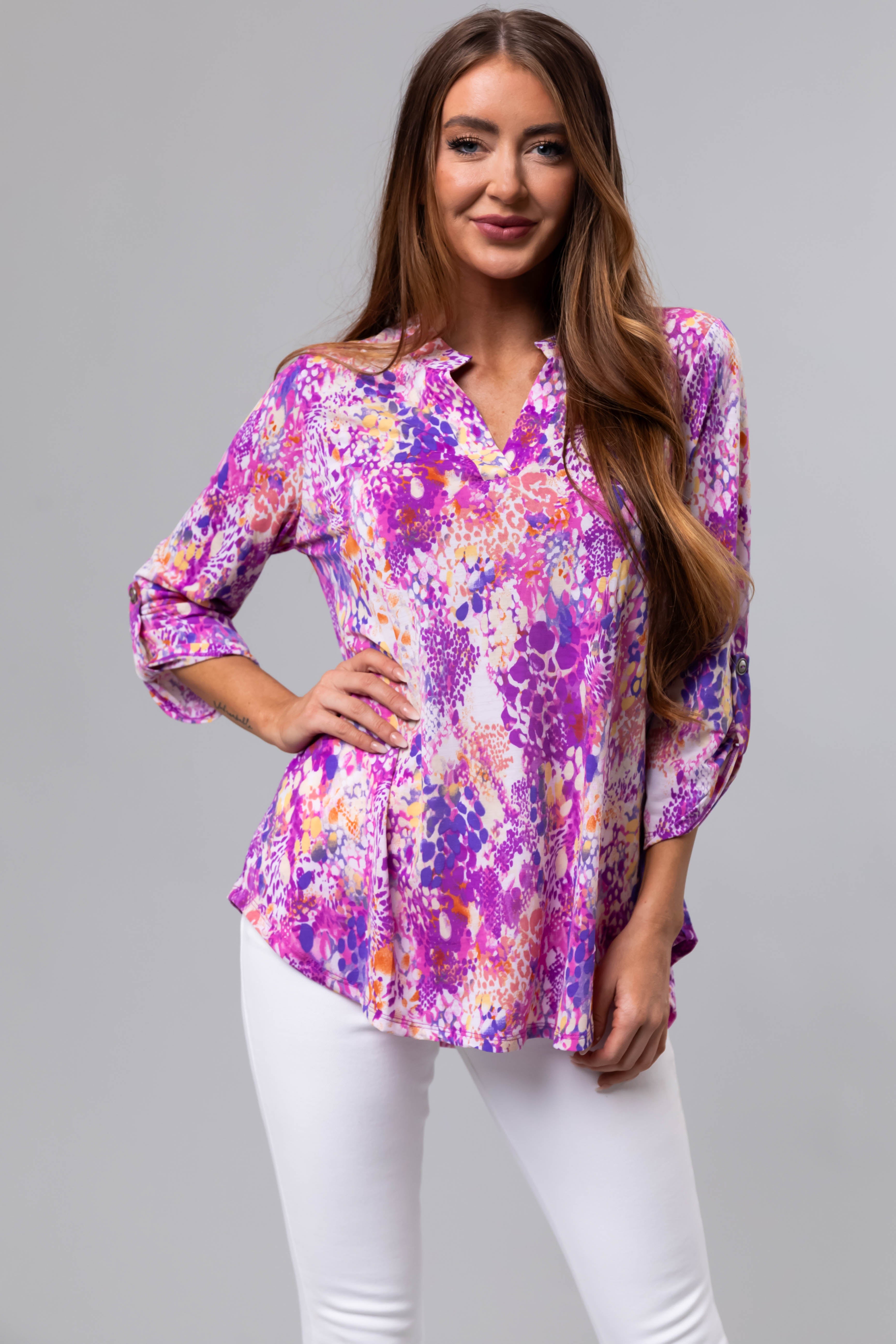 Violet Abstract Print 3/4 Sleeve Blouse