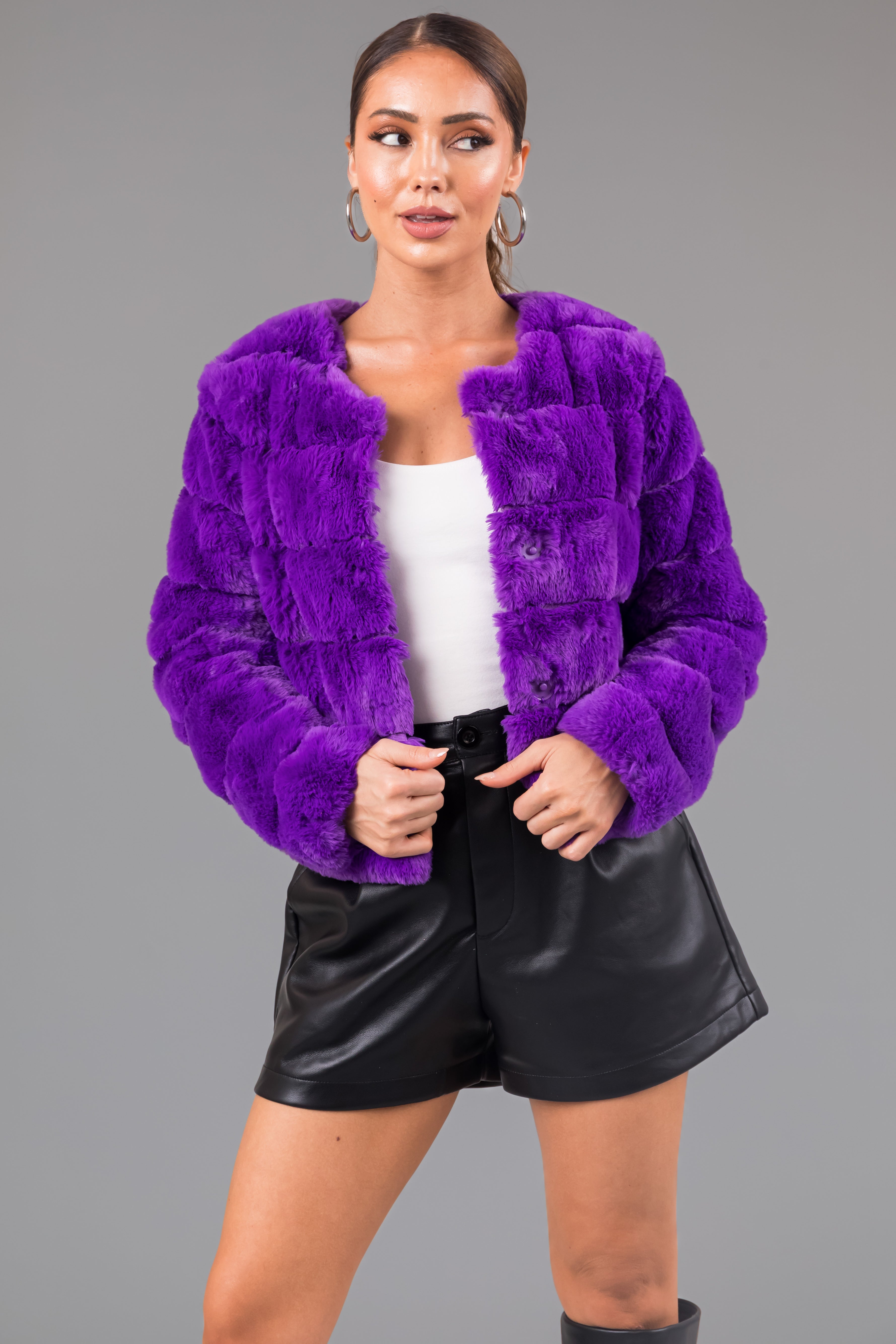 Violet Faux Fur Quilted Button Up Jacket