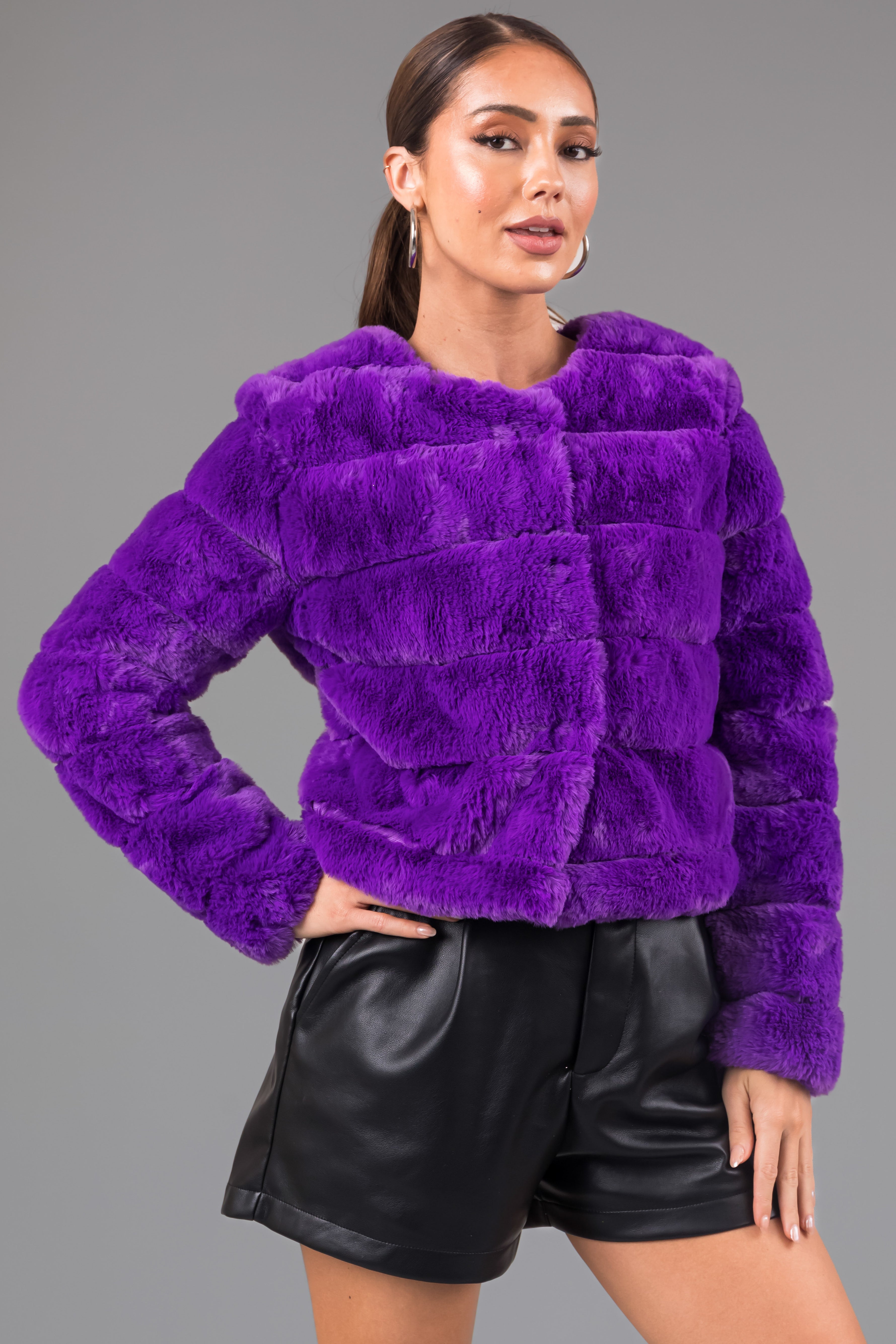 Violet Faux Fur Quilted Button Up Jacket | Lime Lush