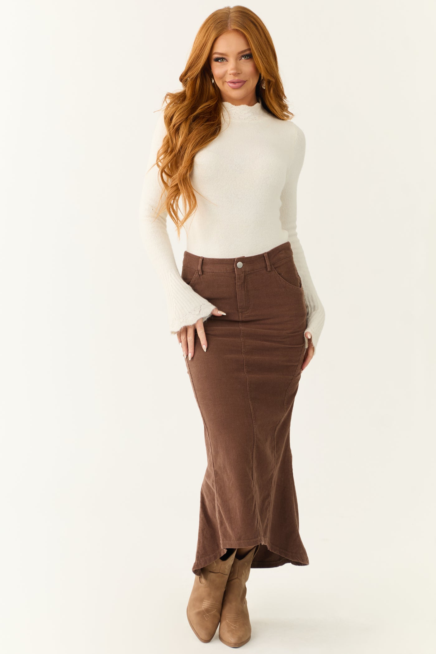 Walnut Corduroy Zip Up Flared Midi Skirt