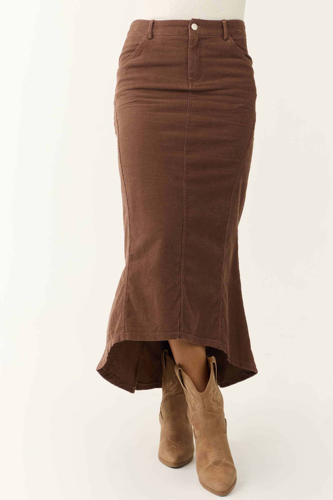 Walnut Corduroy Zip Up Flared Midi Skirt