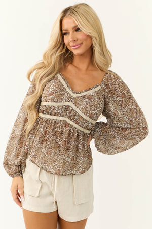 Walnut Floral Print Chiffon Peasant Top