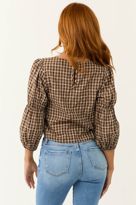 Walnut Plaid 3/4 Cinch Sleeve Top