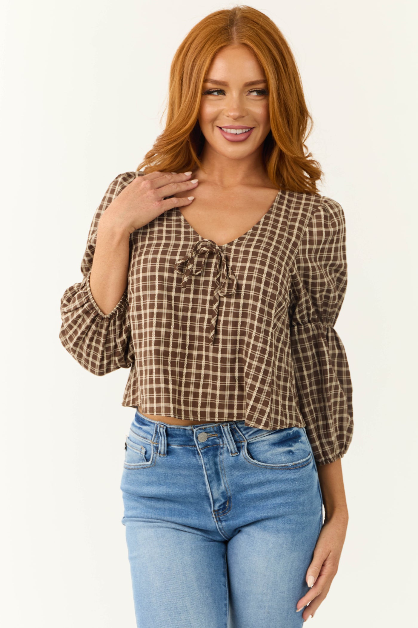 Walnut Plaid 3/4 Cinch Sleeve Top